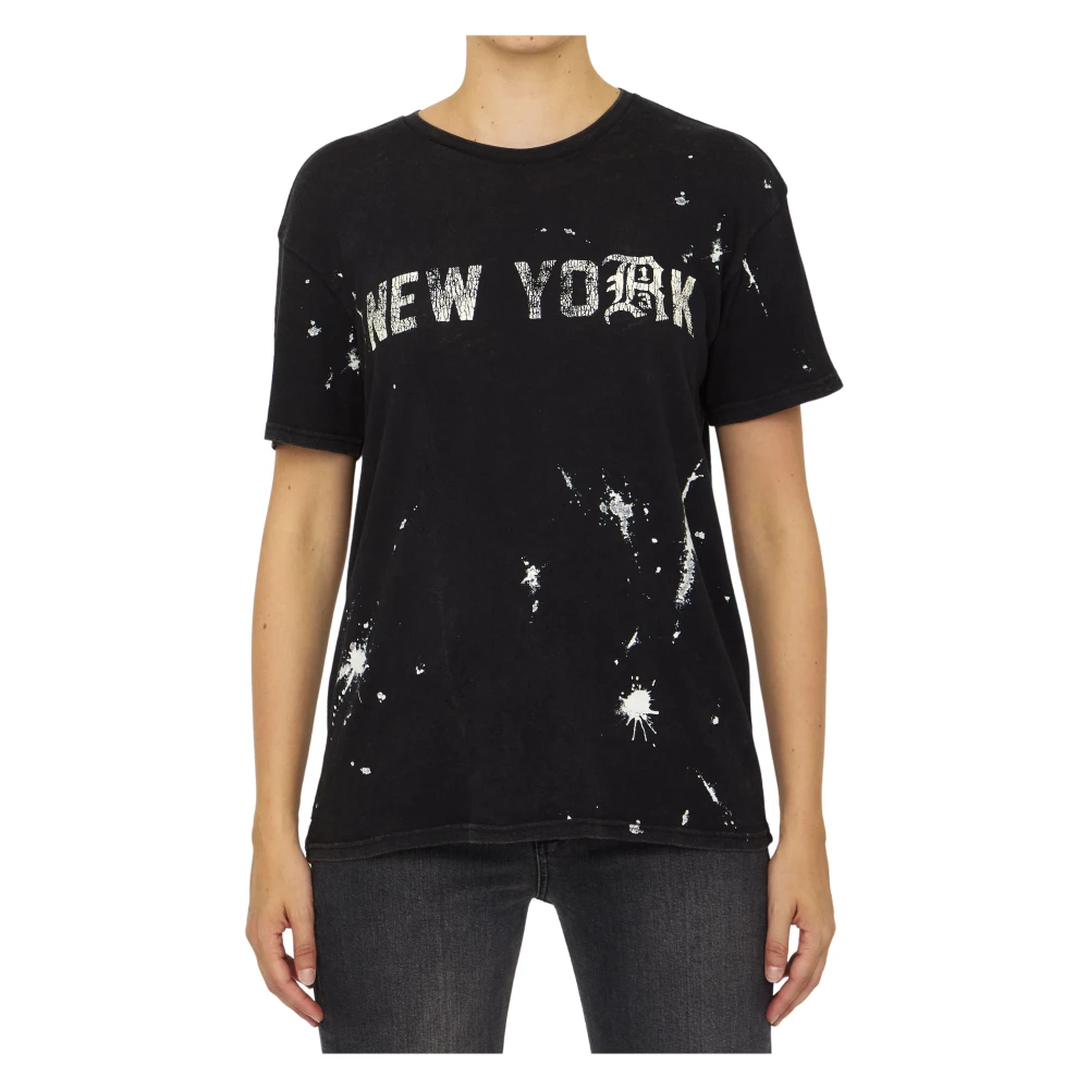 R13 Zwart New York Boy T-shirt met Spetterverfeffect Black Dames