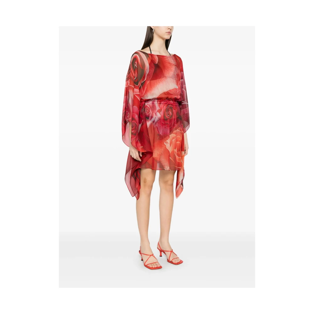 Roberto Cavalli Rode Abstract Patroon Jurk met Elastische Tailleband Red Dames