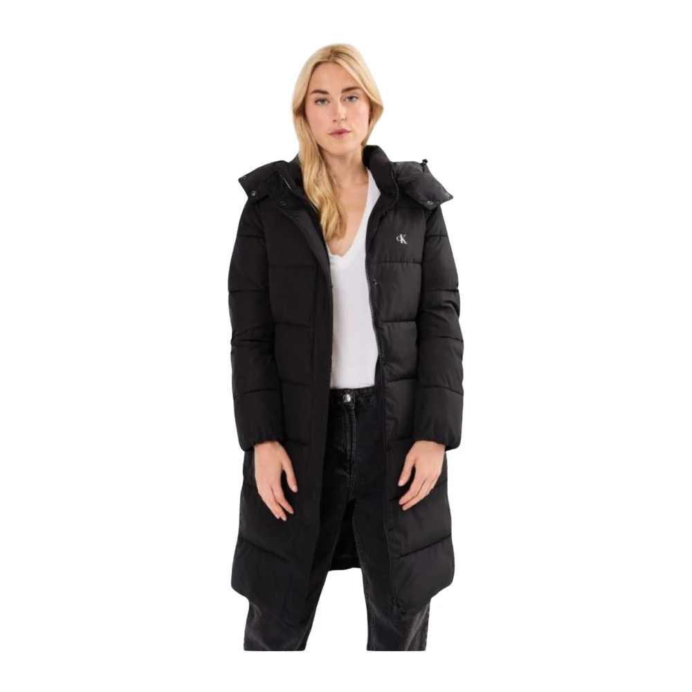 Calvin Klein Lange gewatteerde jas met afneembare capuchon Black Dames