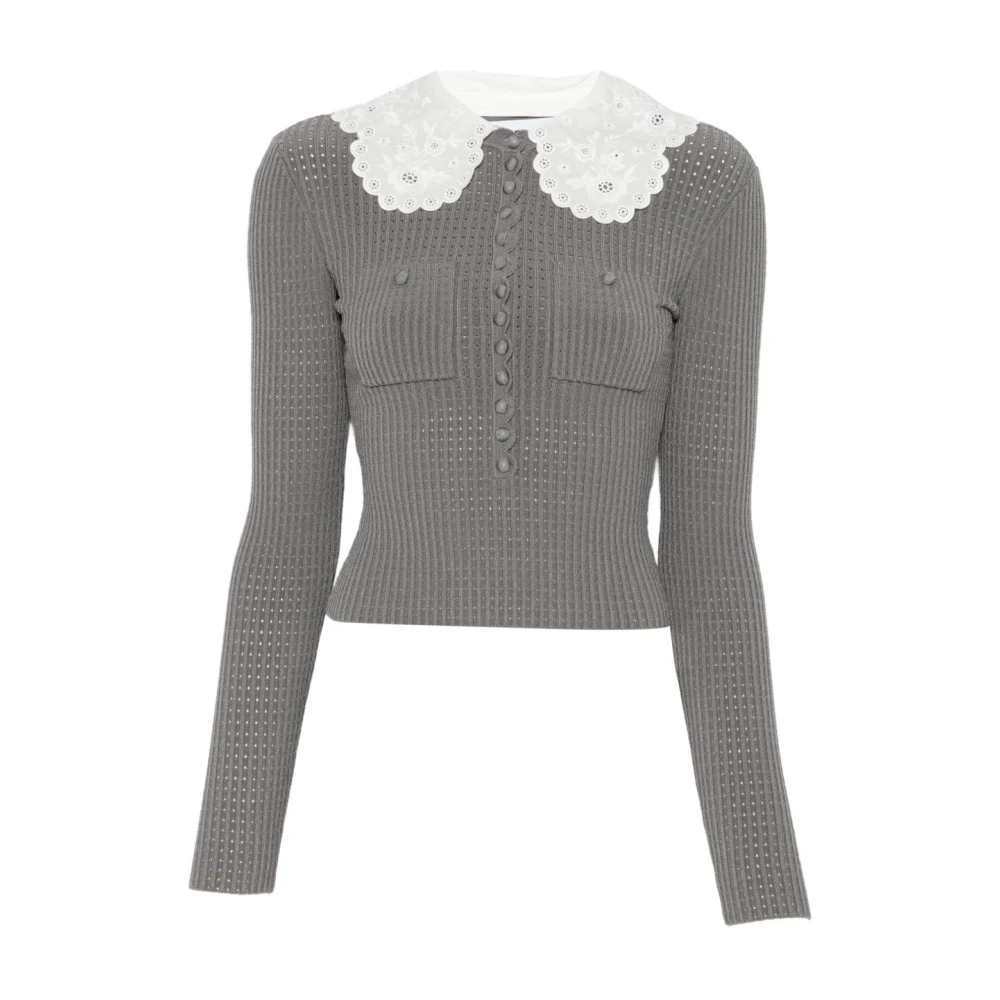 Self Portrait , Round-Neck Knitwear, Female, Gray, L, Collar-Detail Jumper