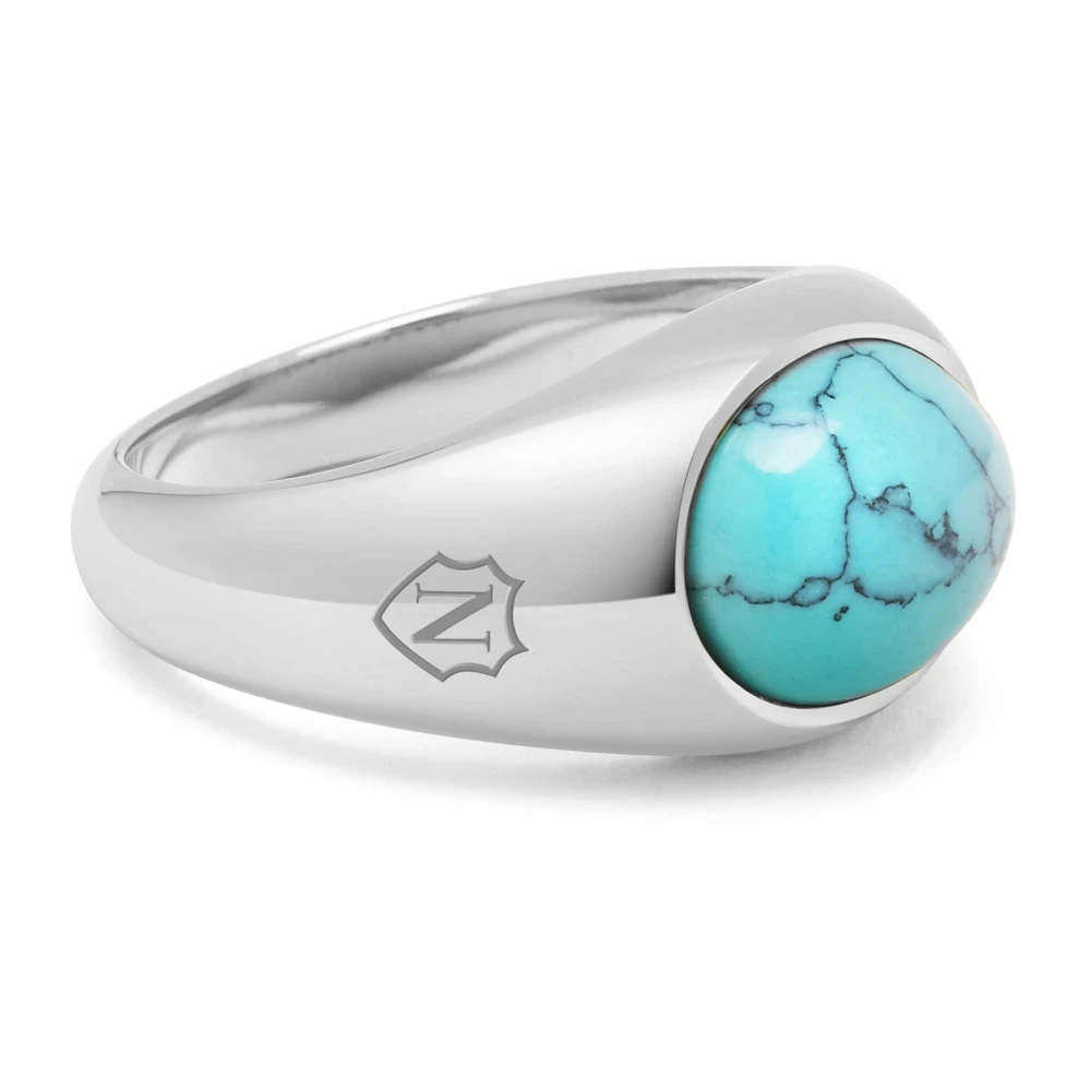 Nialaya Silver Oval Signet Ring with Turquoise Stone Gray, Herr