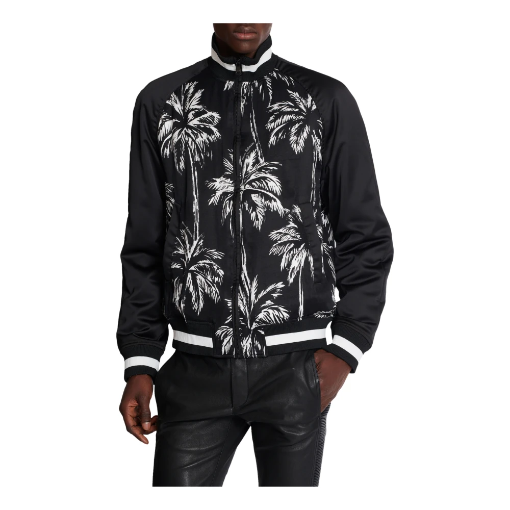Balmain Bomberjack van satijn met palmbomenprint Black Heren
