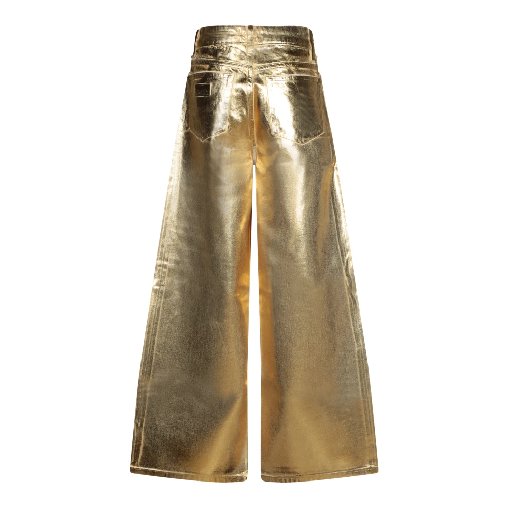 Ganni Gouden Metallic Foil Wide-Leg Jeans Yellow Dames