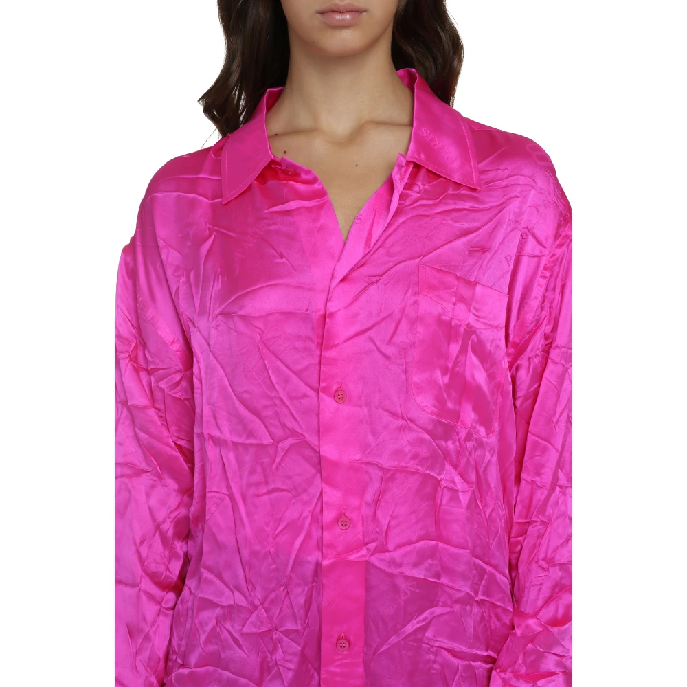 Balenciaga Zijden shirt met gekreukt effect en jacquardlogo Pink Dames