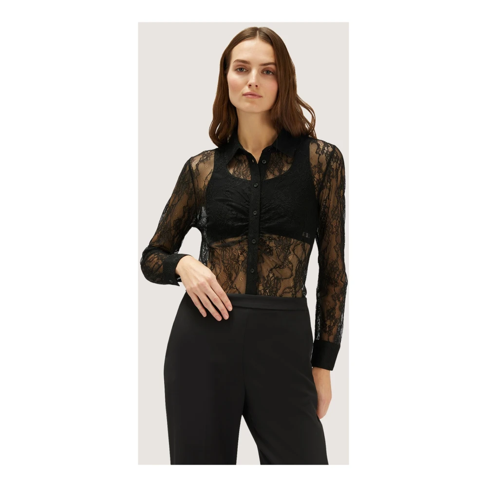 Motivi Kanten blouse met zeilkraag Black Dames