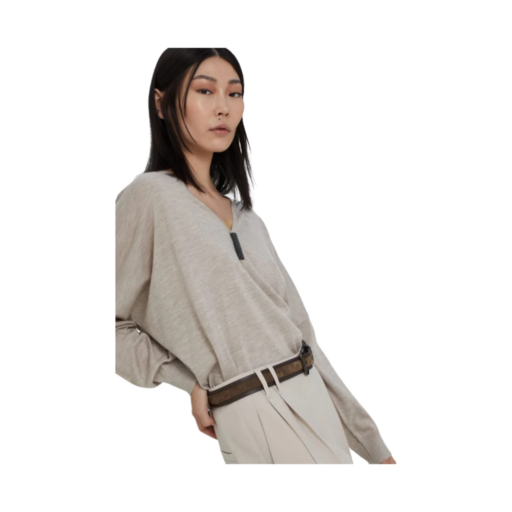 BRUNELLO CUCINELLI Lichte Kasjmier Zijde V-Hals Trui met Precieuze Details Beige Dames