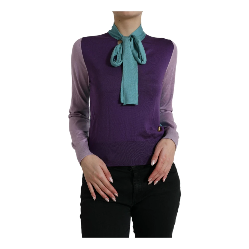 Dolce & Gabbana Women's Multicolor Silk Bow Pullover Jumper - V-Neck Knitwear - L - Knitwear