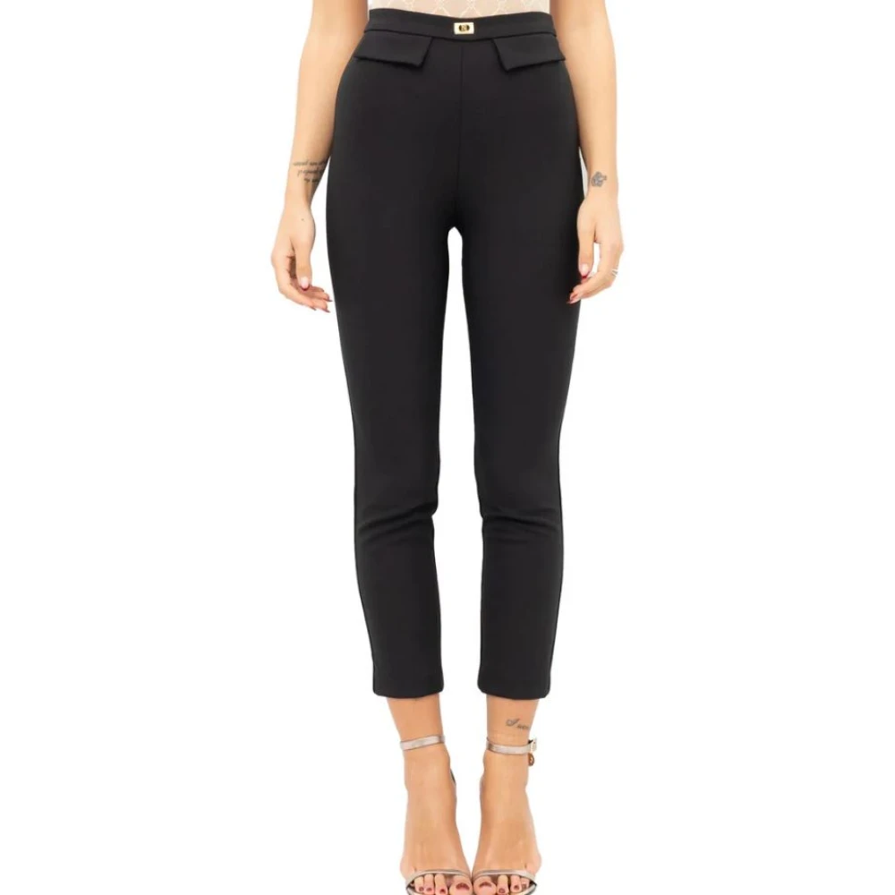 Elisabetta Franchi Zwarte Slim Fit Broek met Logo Plaque Black Dames
