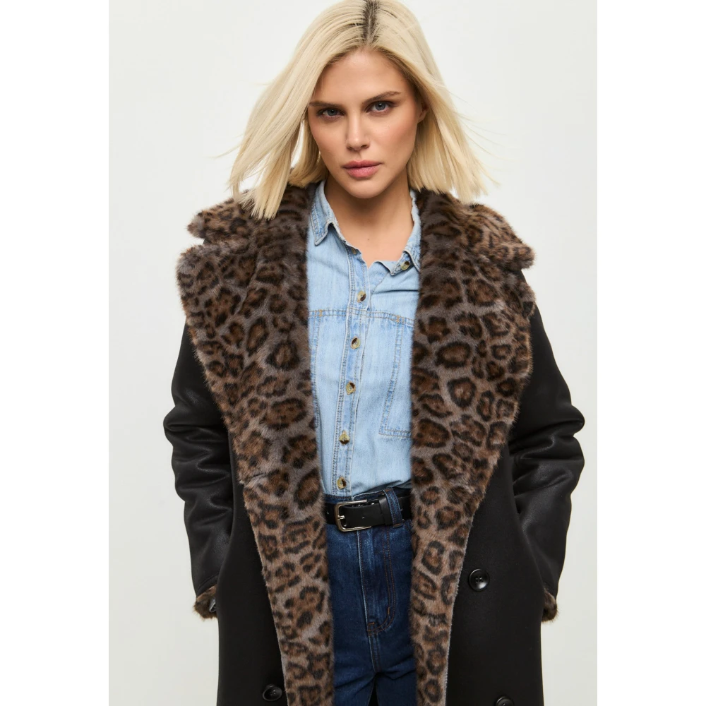 Cesare Gaspari Omkeerbare Faux Animal Print Shearling Lange Jas Black Dames