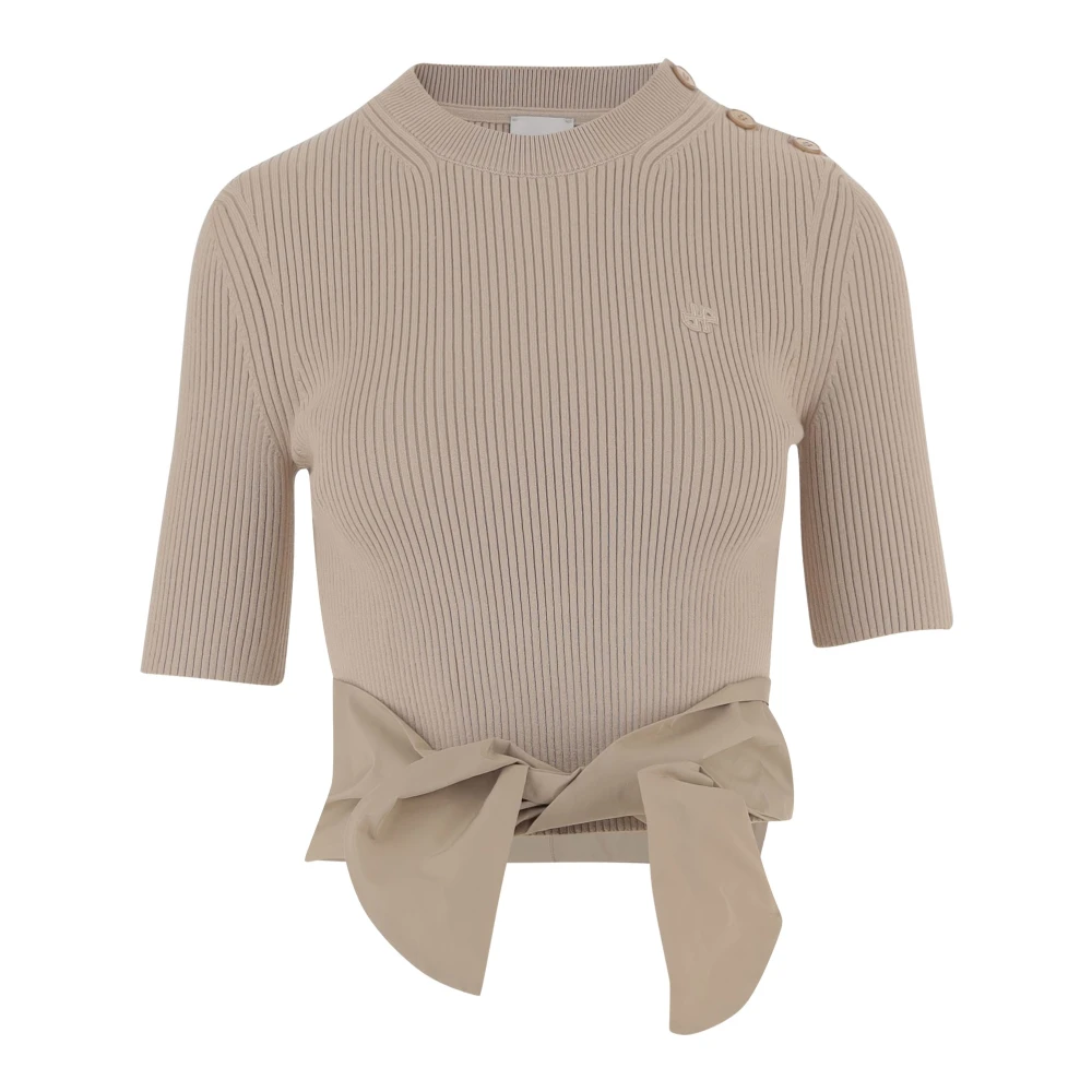 Patou Women's Beige Cotton Blend T-Shirt With Bow Detail