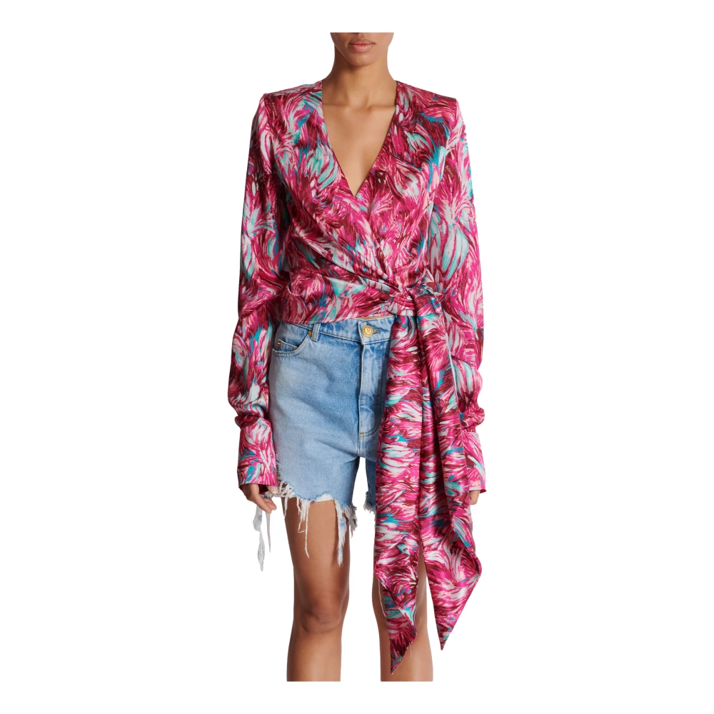Balmain Verenprint satijnen wikkelblouse Pink Dames