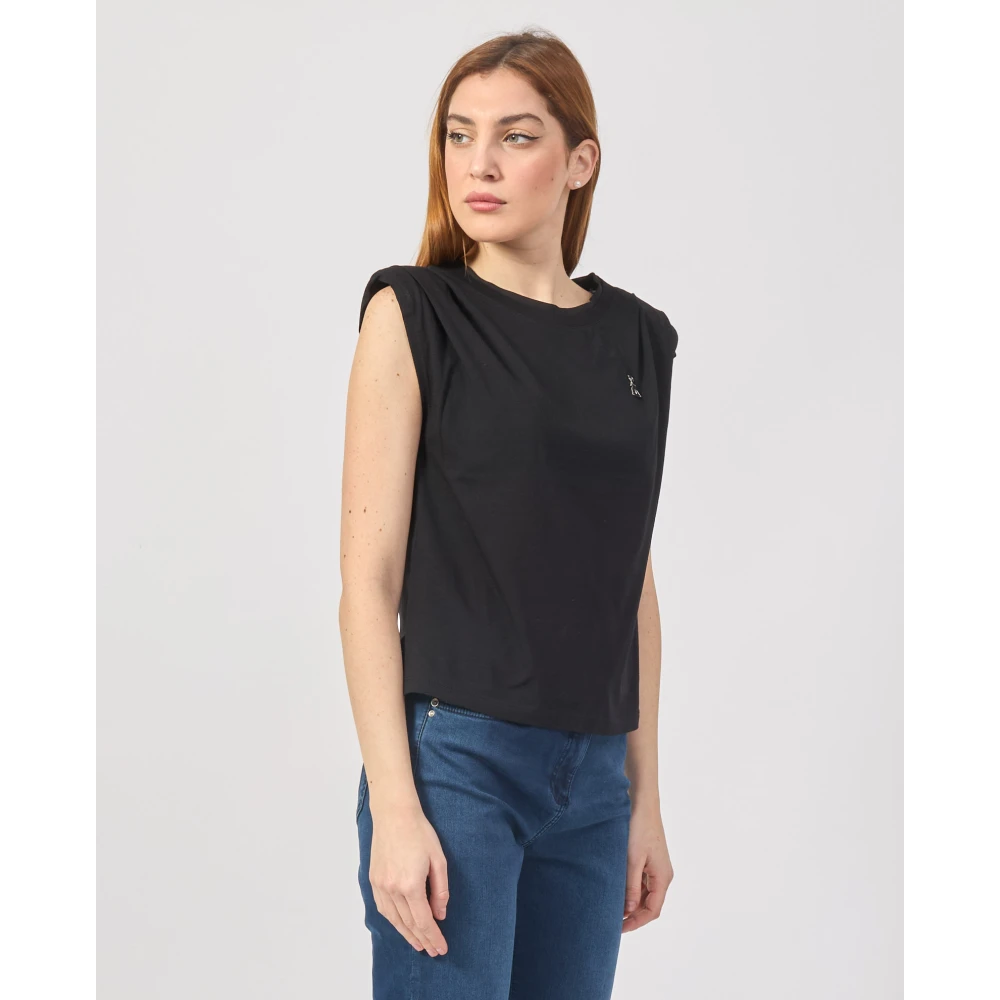 PATRIZIA PEPE Zwarte Mouwloze Katoenen Logo T-shirt Black Dames
