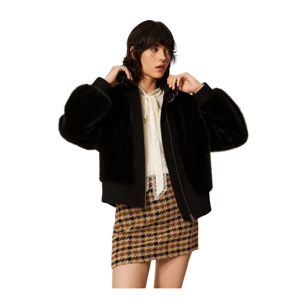 Twinset Donna Nero - Bomber In Ecopelliccia E Misto Lana - Jackets - S - Immagine 6