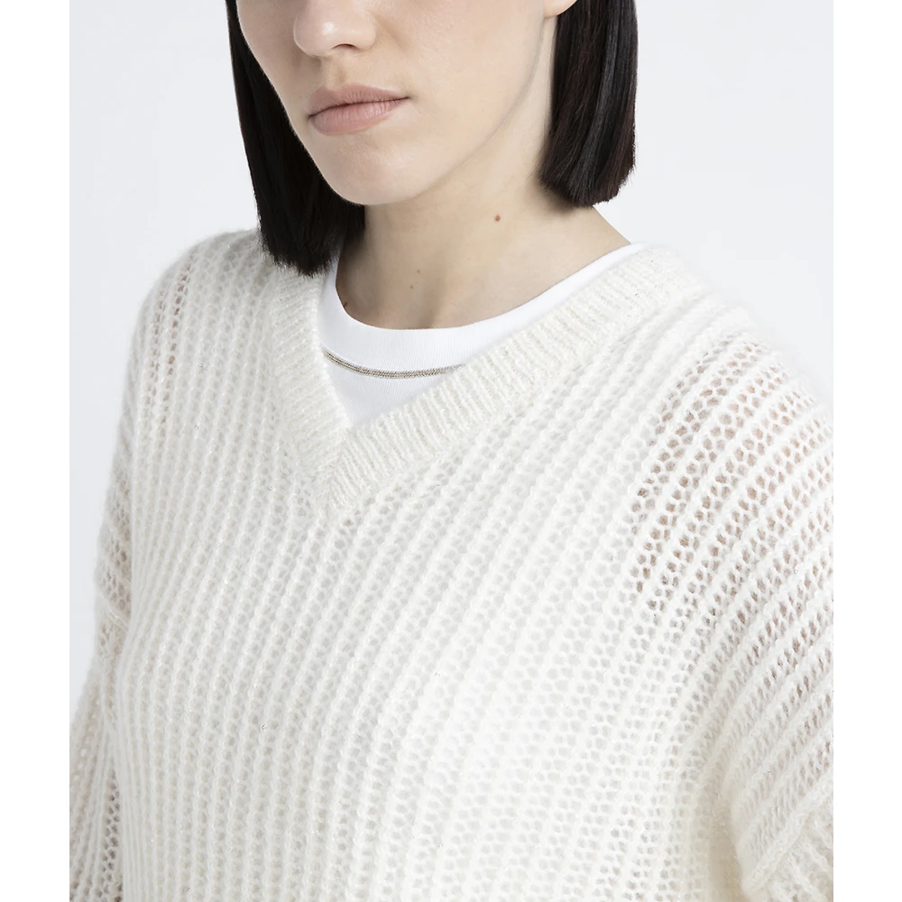 PESERICO Alpaca wol Lurex en paillet ronde hals trui White Dames