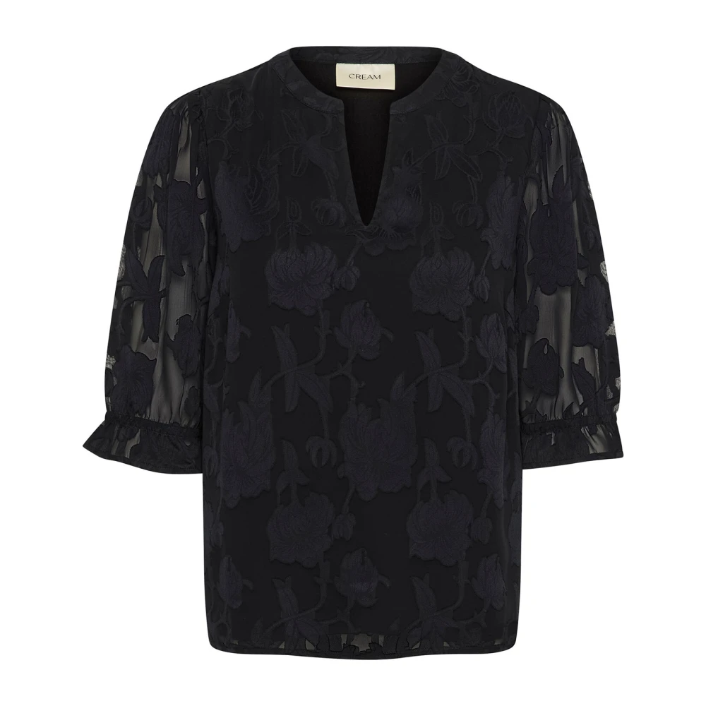 Cream Zwarte Kant Blouse met Pofmouwen Black Dames