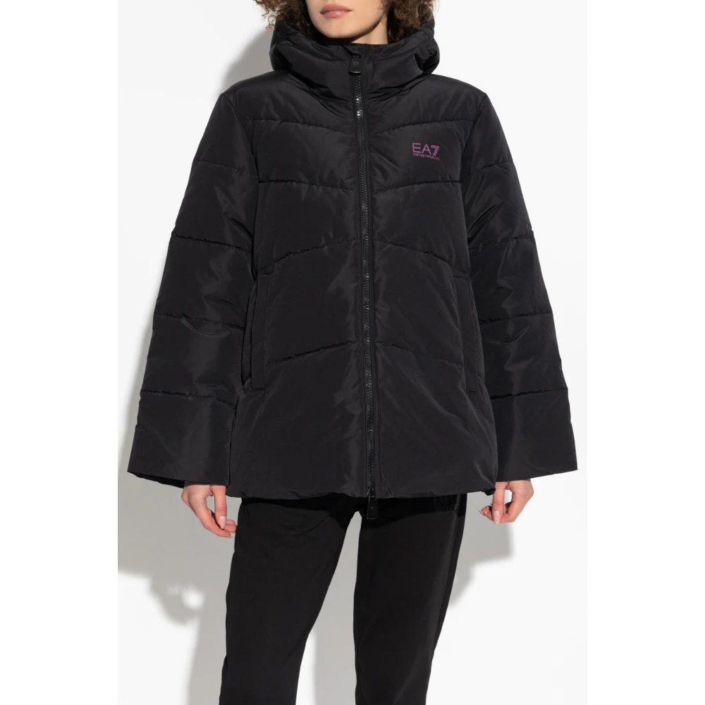Emporio Armani EA7 Gewatteerde jas met capuchon Black Dames