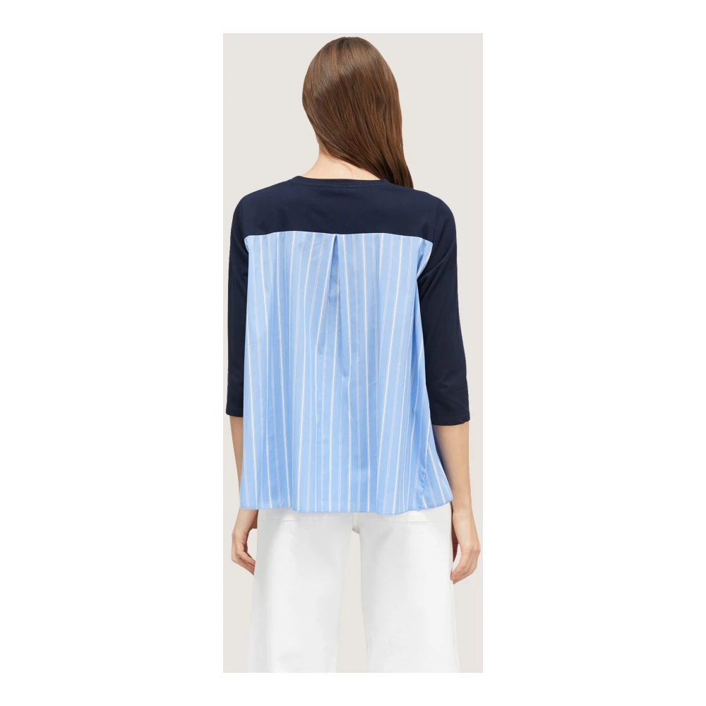 Motivi Gestreept Popeline Inzet T-Shirt Blue Dames