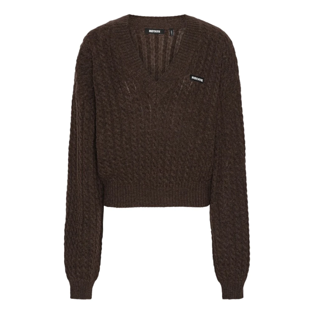 Rotate Birger Christensen Women's Brown Cable V-Neck Jumper - V-Neck Knitwear - Xs - Knitwear