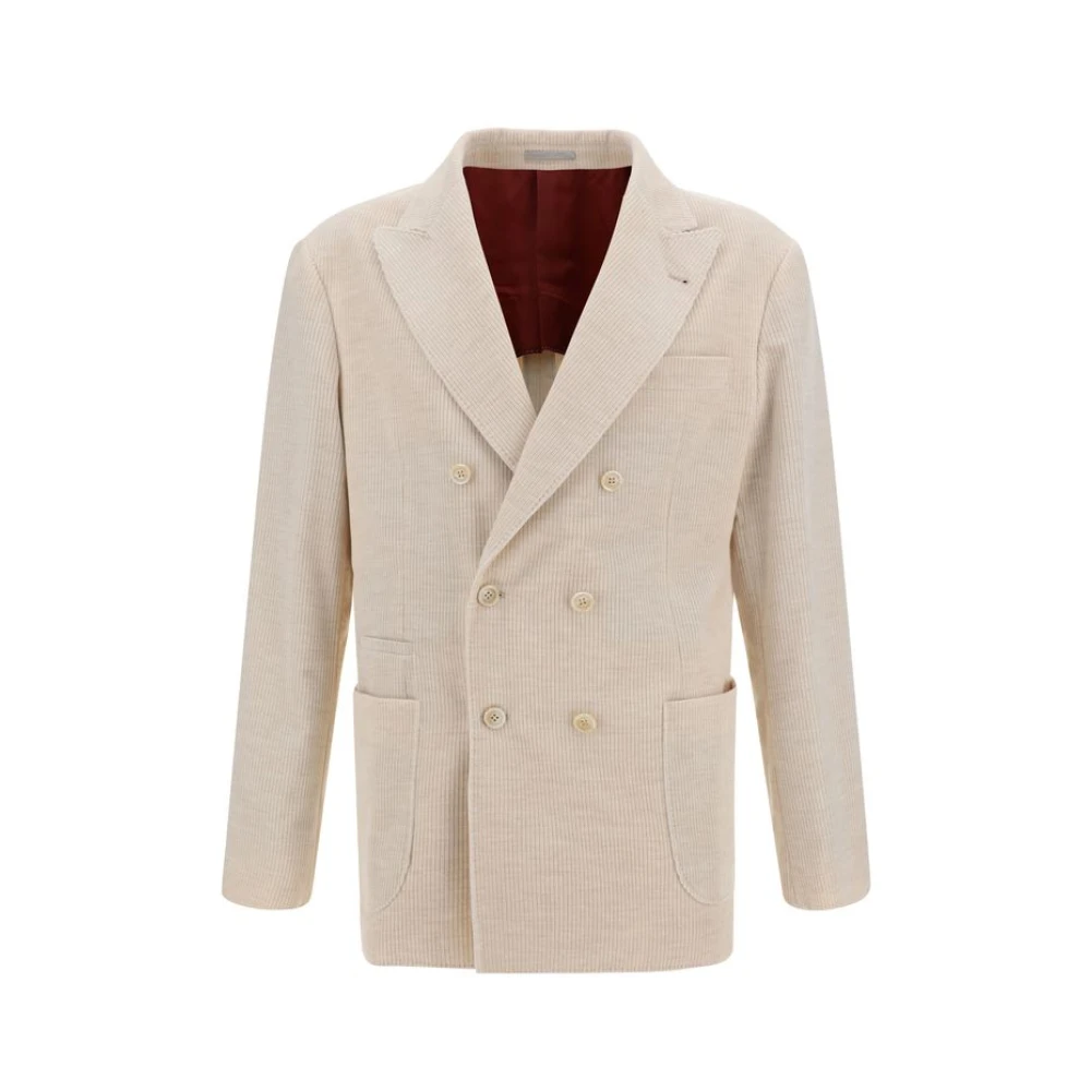 BRUNELLO CUCINELLI Ribfluwelen Double-Breasted Blazer Jas Beige Heren
