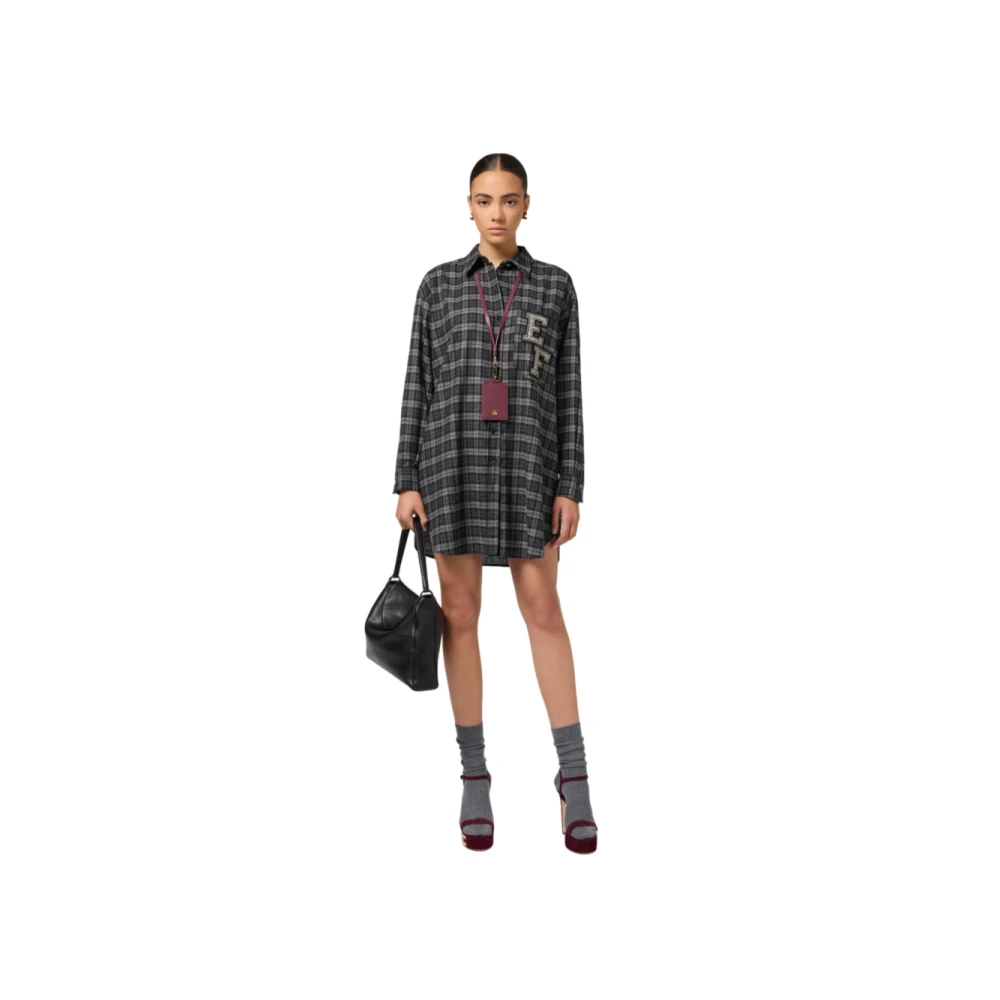 Elisabetta Franchi Tartan Wol Lange Mouw Overhemdjurk Gray Dames