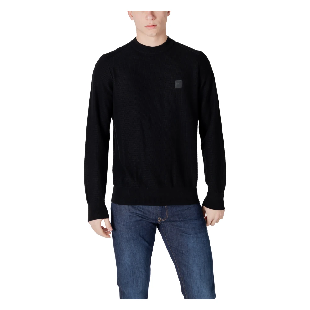 Boss Uomo Nero Maglione In Cotone Piqué Con Patch Con Logo - Immagine 2