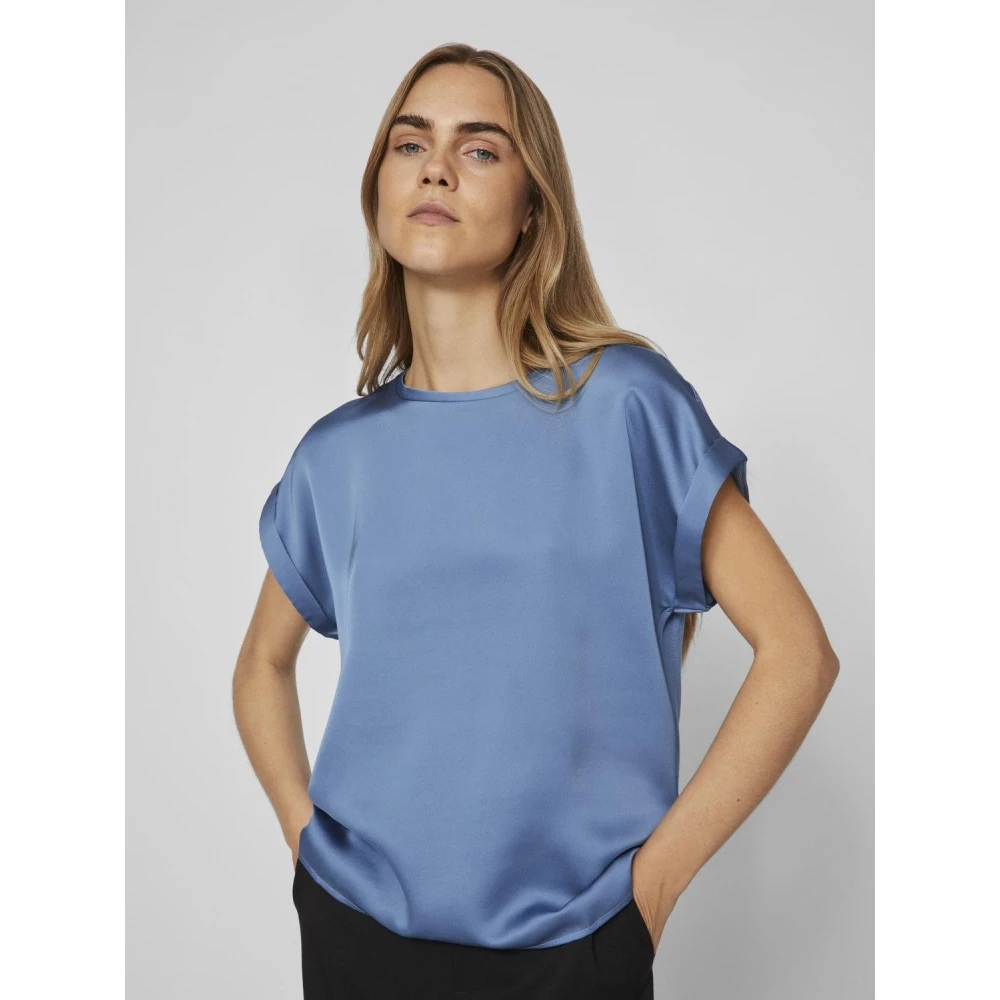 Vila Korte mouwen satijnen T-shirt voor dames Blue Dames