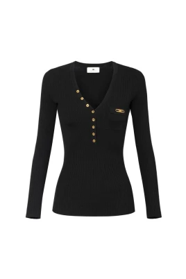 Ribbstickad topp med bröstficka