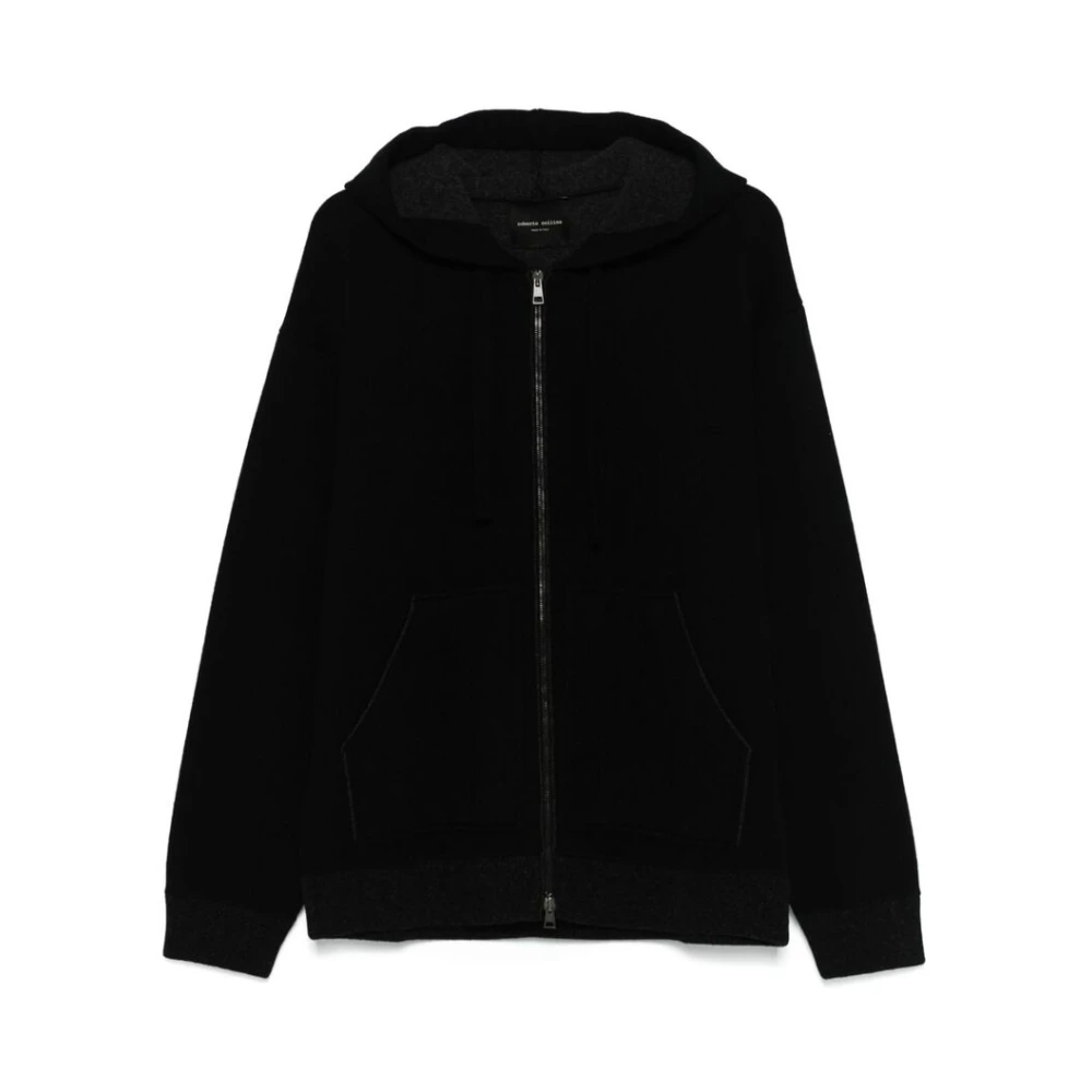 Roberto Collina Zwarte Merinowolmix Rits Hoodie Black Heren