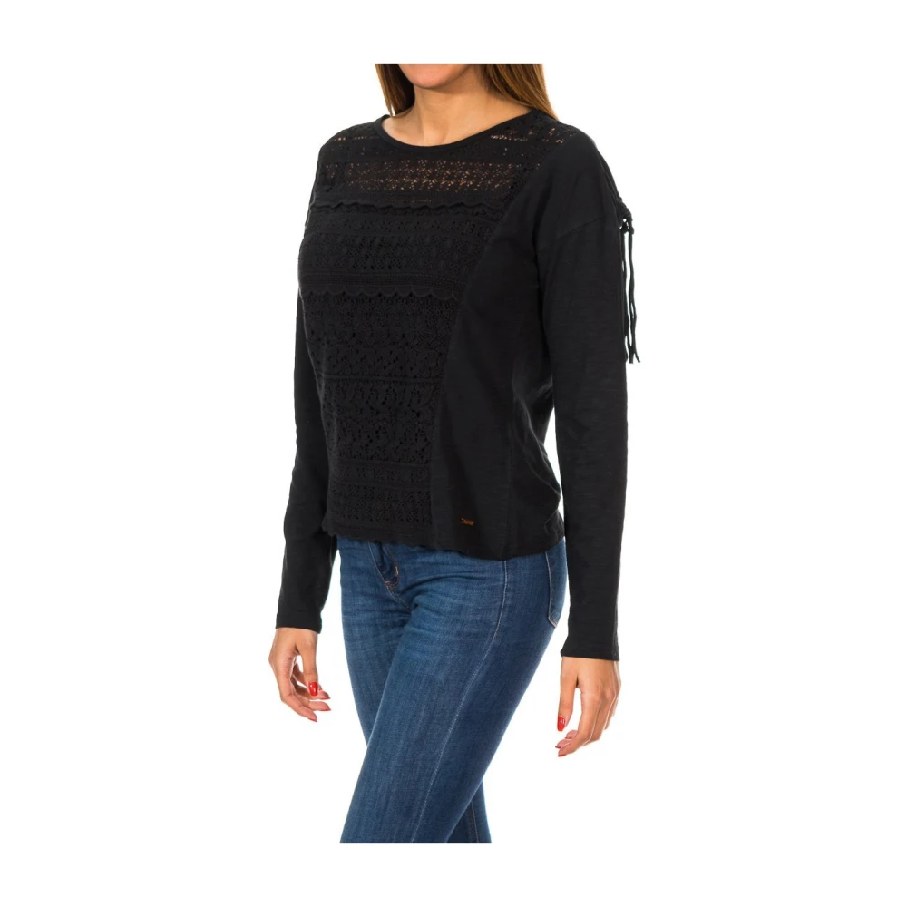 Superdry Women's Black Long Sleeve T-Shirts, Xs, Round Neck Long Sleeve Jersey With Fringe Detail