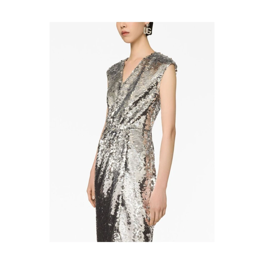 Dolce & Gabbana Zilveren Sequin V-Hals Jurk Gray Dames