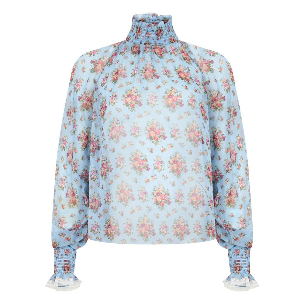 Dolce & Gabbana Women's Blue Blouses, Xs, Small Flower Bouquets-Print Chiffon Top