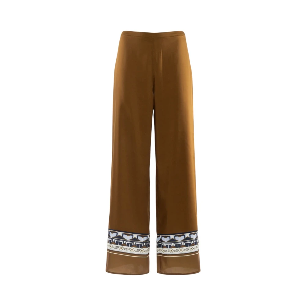 Nenette Women's Brown Wide-Leg Trousers With Contrast Geometric Border - Wide Trousers - Xl - Trousers