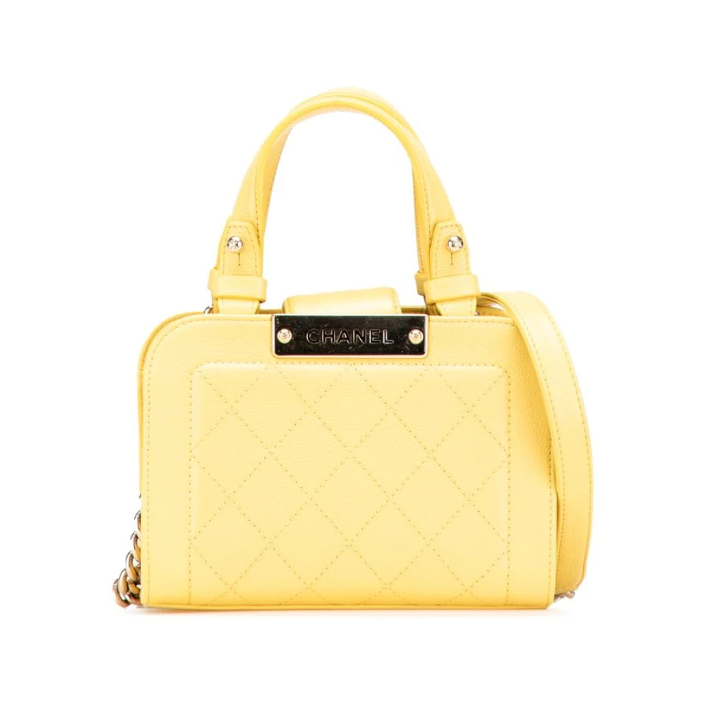 Chanel Vintage Gul Förägande Elegant Topp Handväska Med Axelrem Innerfickor