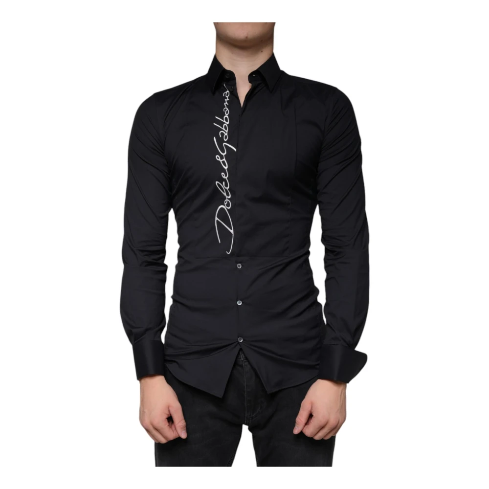 Dolce & Gabbana Zwarte Logo Geborduurde Slim Fit Overhemd Black Heren