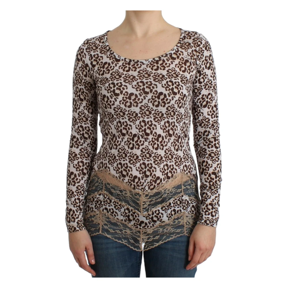 Roberto Cavalli Women's Brown Long Sleeve T-Shirts, M, Elegant Floral Lace Long Sleeve Top