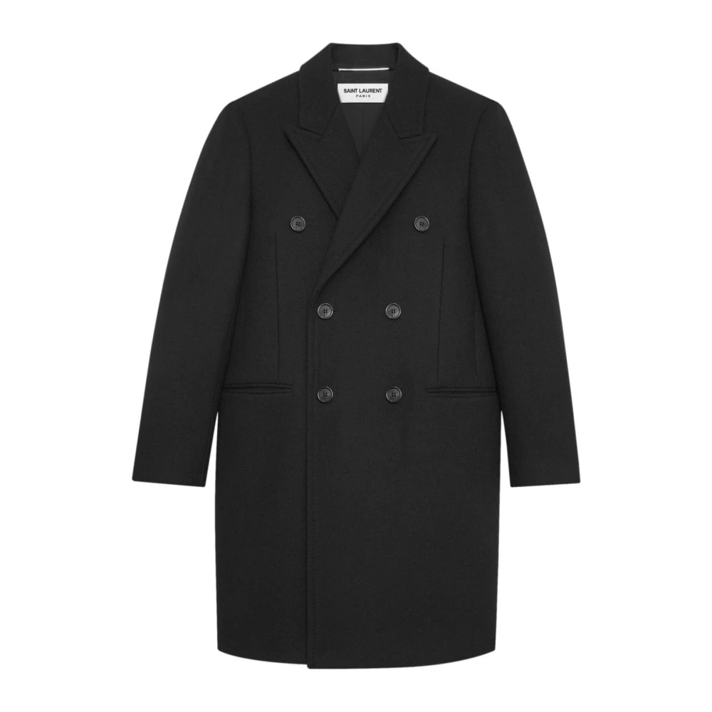 Saint Laurent Black Double-Breasted Coats, Male, M, Wool Blend Single-Breasted Coat
