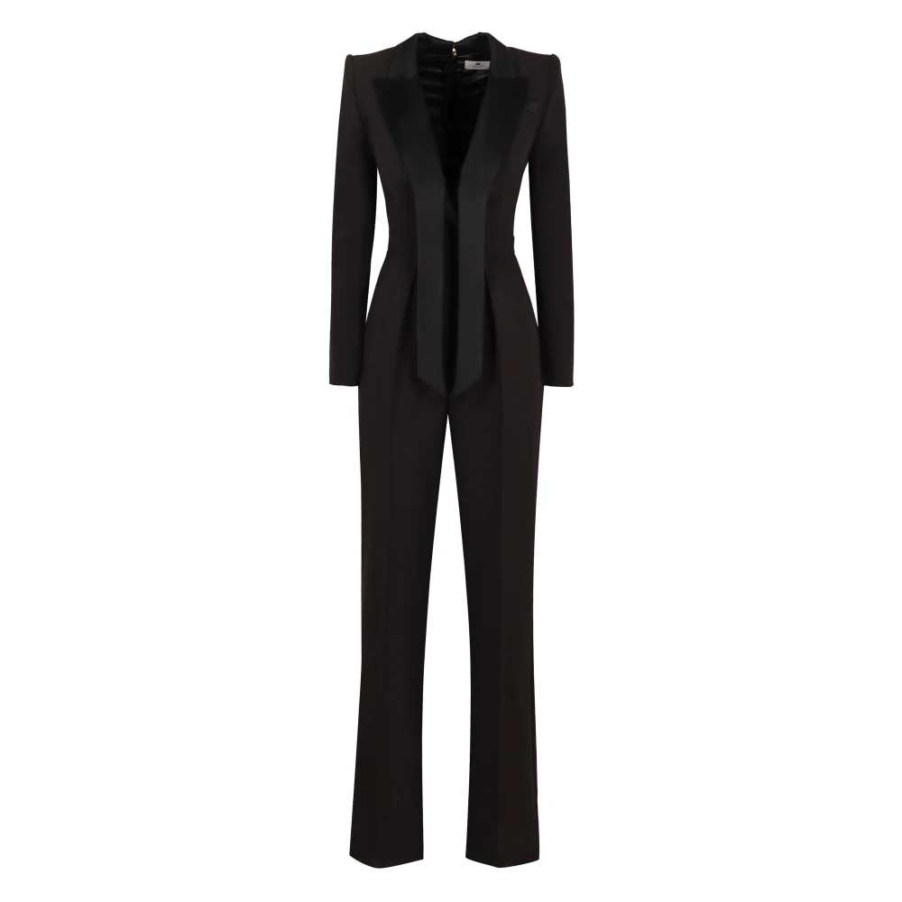 Elisabetta Franchi Satin Revers Wijde Pijp Jumpsuit Black Dames