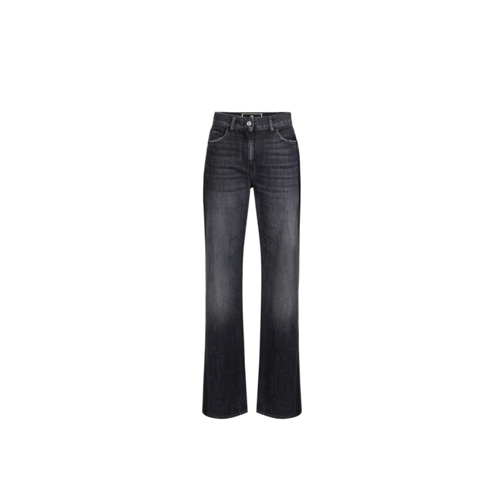 Elisabetta Franchi Biologische katoenen wijde pijp jeans met satijnen banden Black Dames