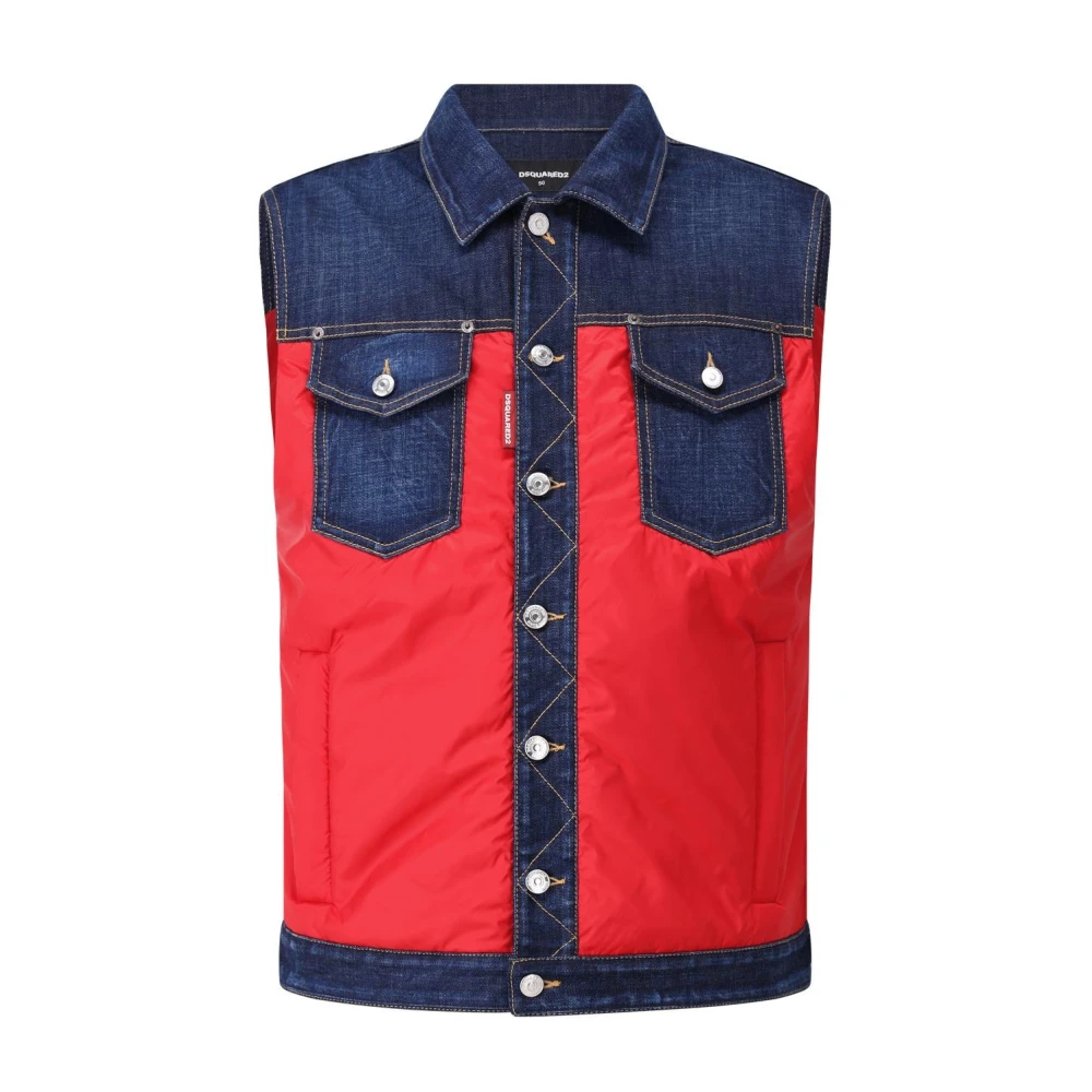 Dsquared2 Denim Puffer Vest med Jeans Applique Red, Herr