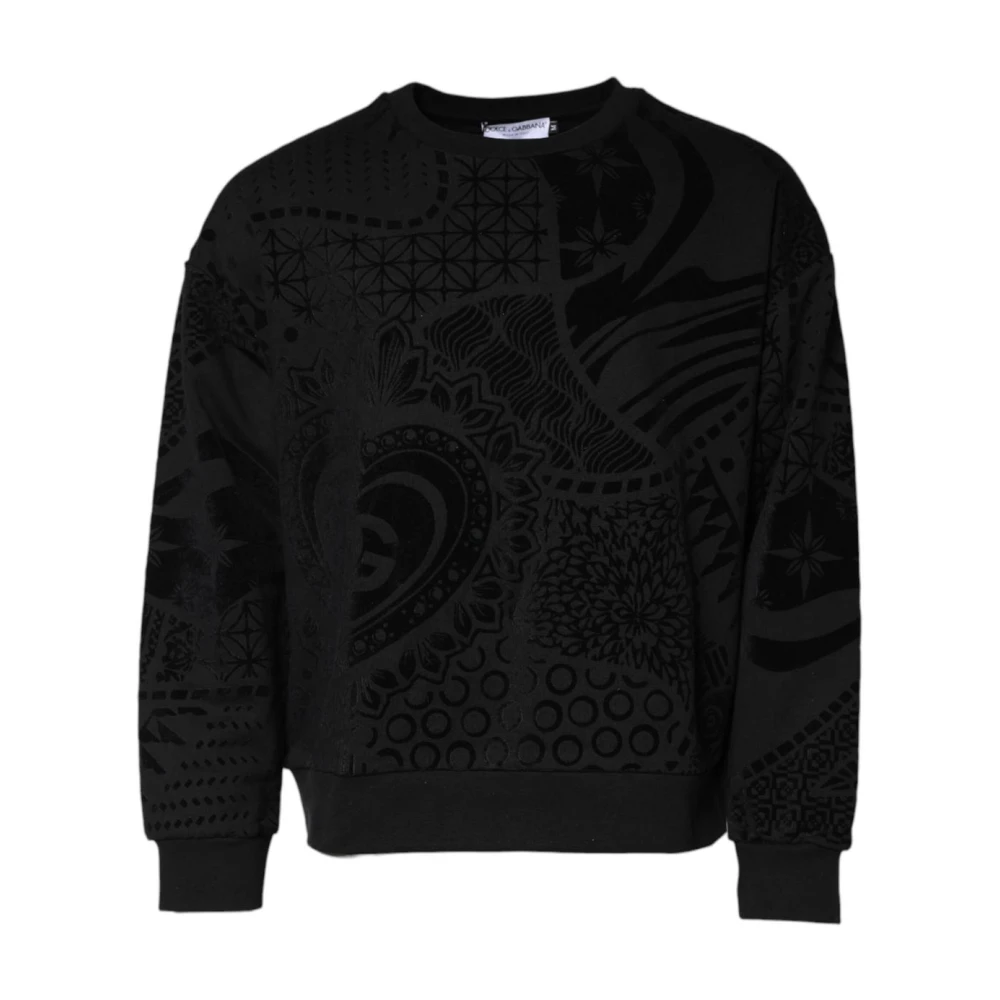 Dolce & Gabbana Men's Black Sweatshirts, M, Velvet Print Crew Neck Jumper