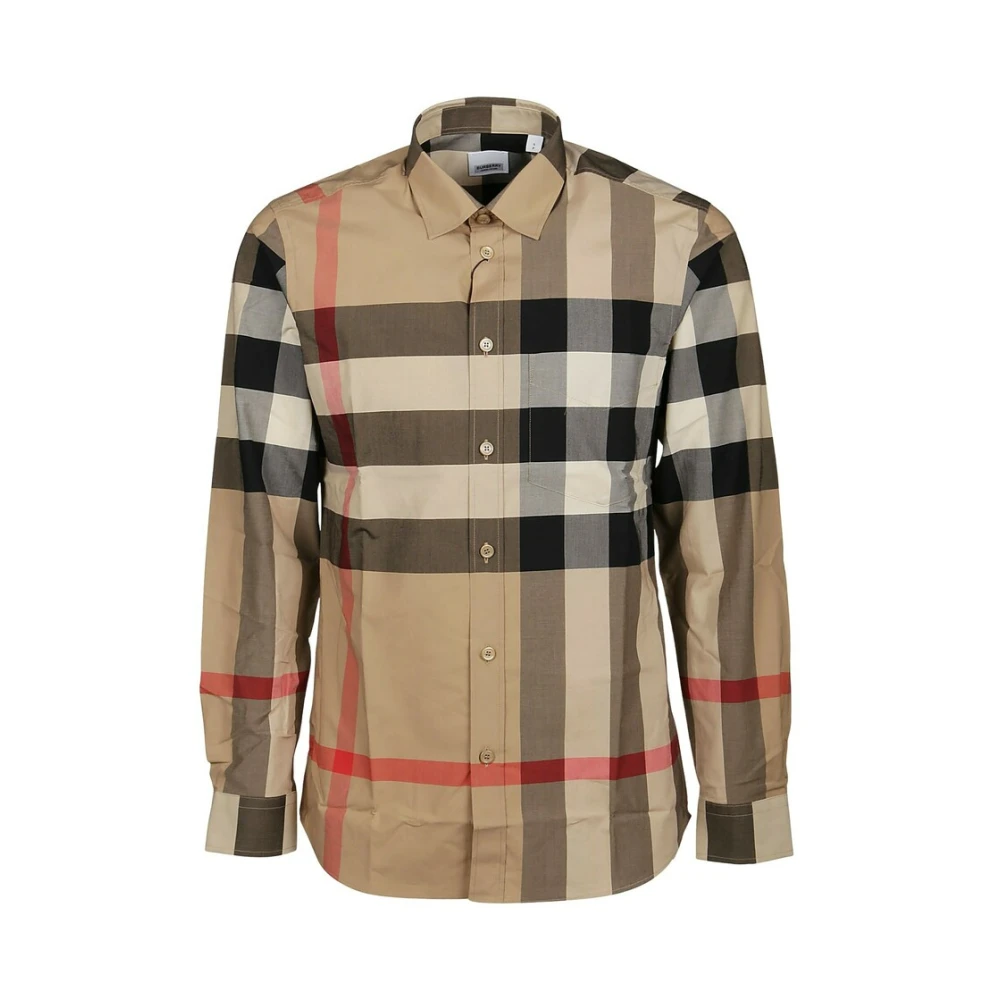 Burberry Check Stretch Poplin Overhemd Beige Heren