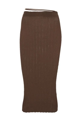 Brun Stickad Kjol med Elastisk Midja