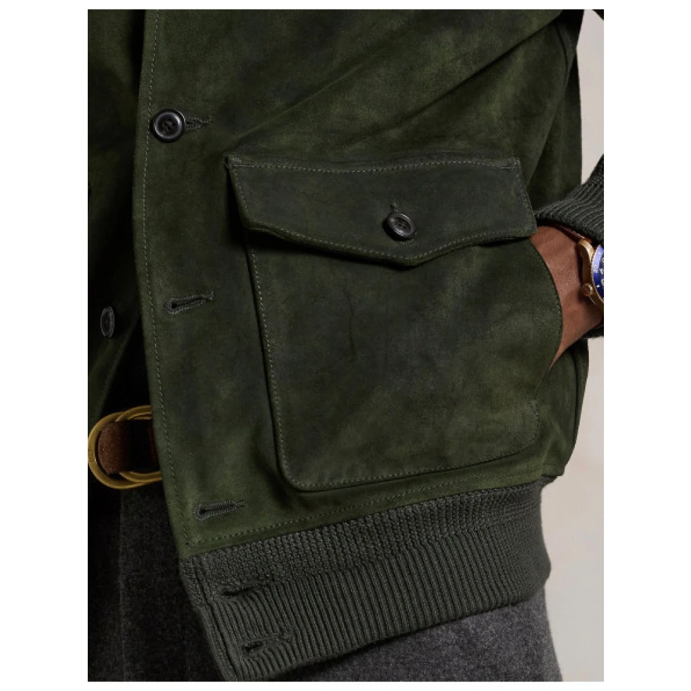 Polo Ralph Lauren Zwarte Suède Bomberjack met Geribde Details Green Heren