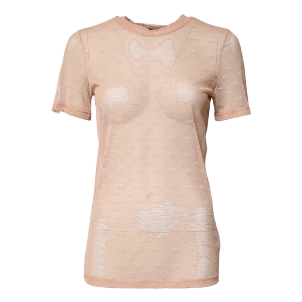 Dolce & Gabbana Women's Beige Sheer Logo Monogram Crew Neck Top Medium