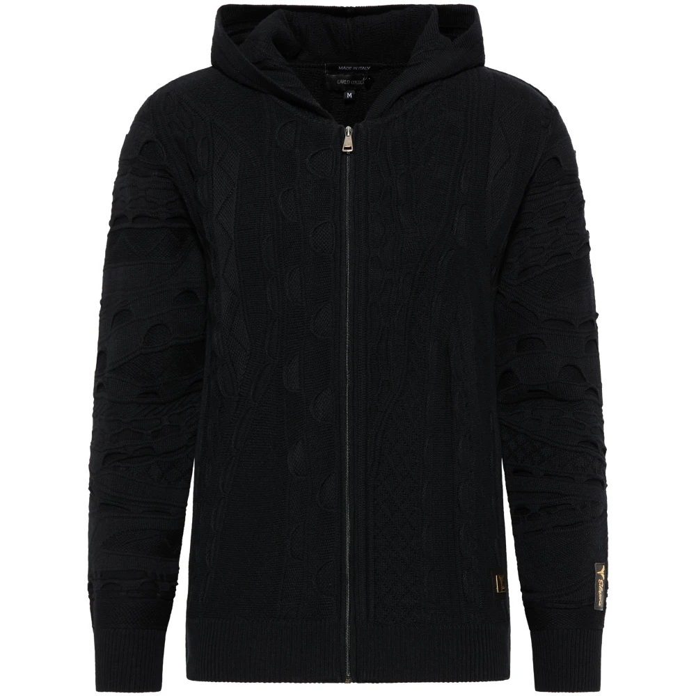 Carlo Colucci Men's Black Solid Color Edizione Hooded Cardigan Copello