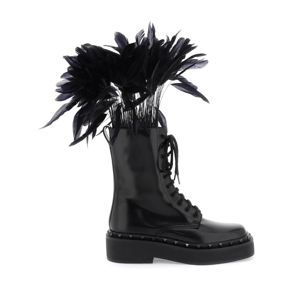Valentino Garavani Läder Rockstud Combat Boots med Fjädrar Black, Dam