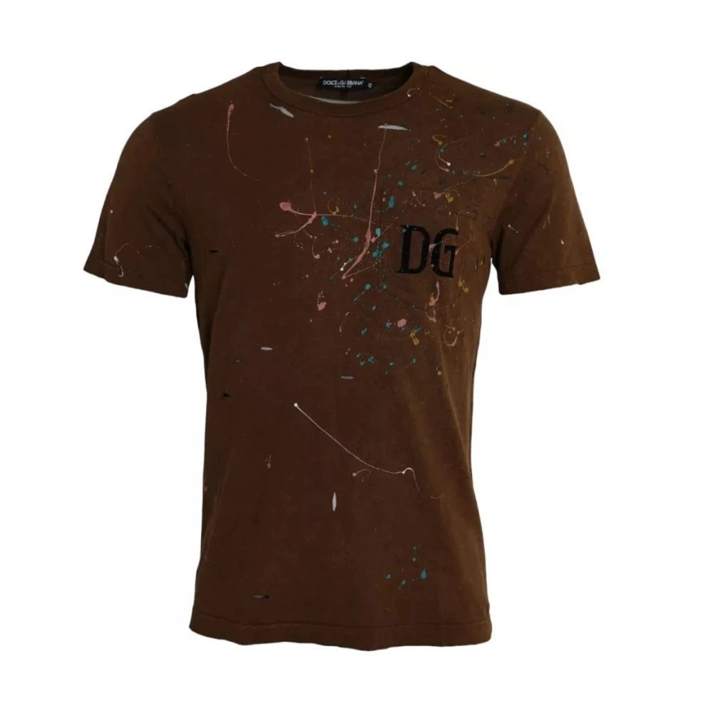 Dolce & Gabbana Bruin Katoenen T-shirt met Kleurspatjes Brown Heren
