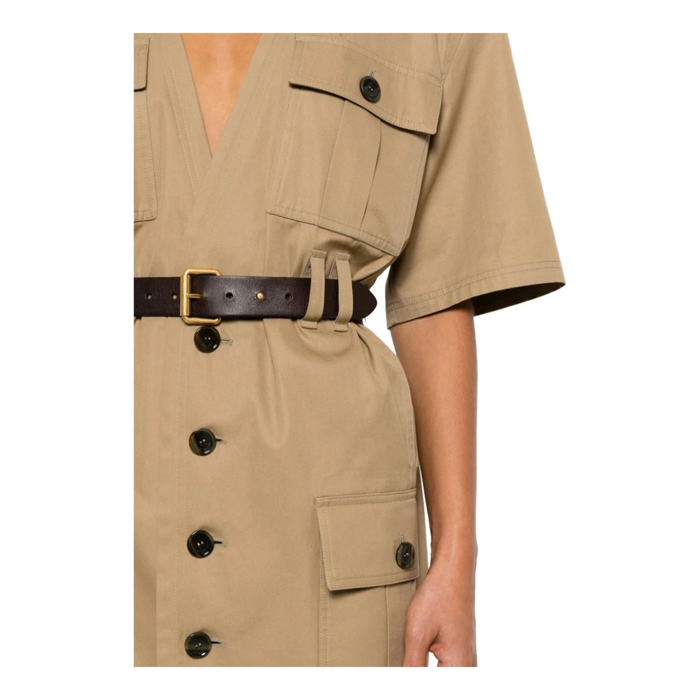 Saint Laurent Katoenen Saharienne Jurk met V-hals Beige Dames