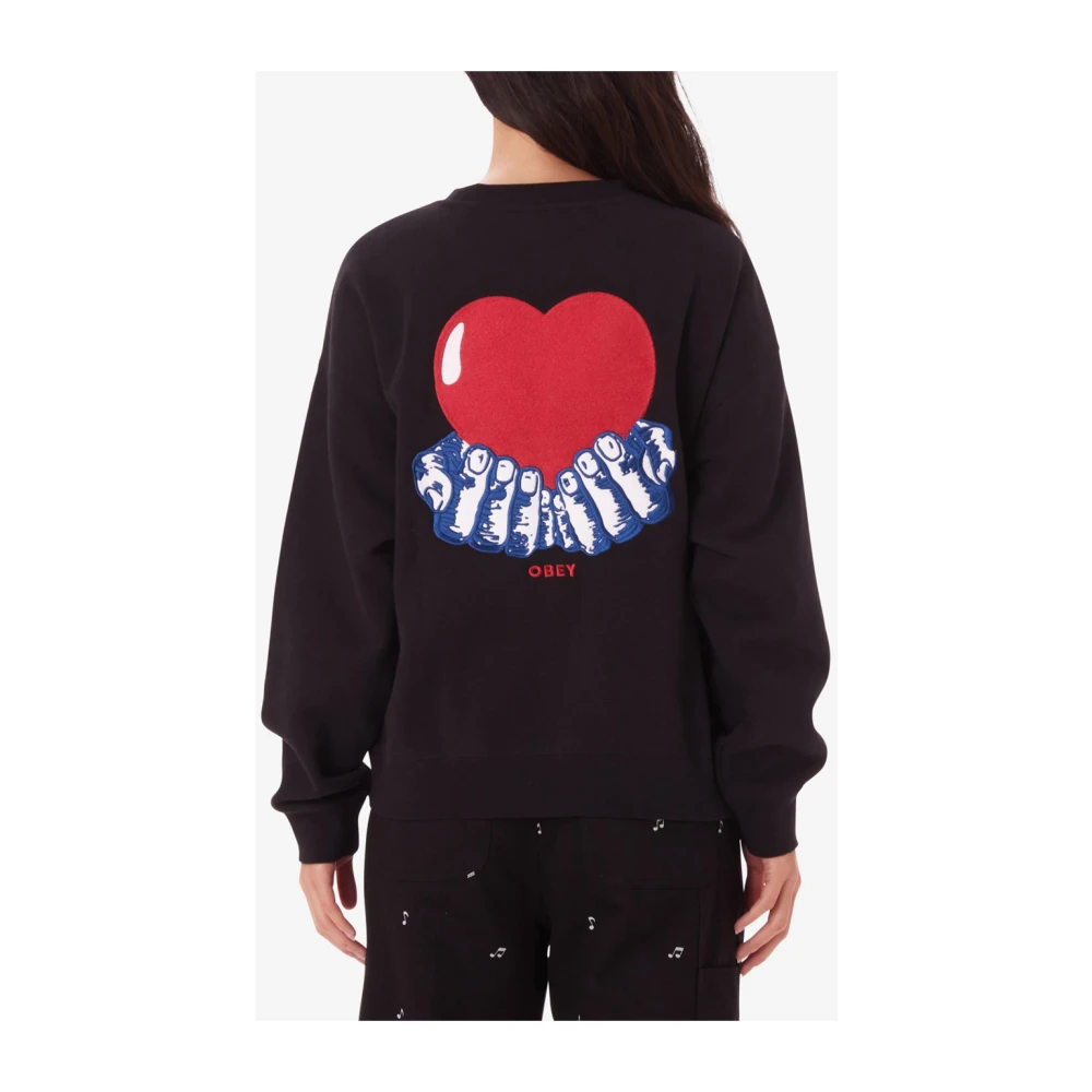 Obey Heart Crew Fleece Zwarte Sweatshirt Black Heren