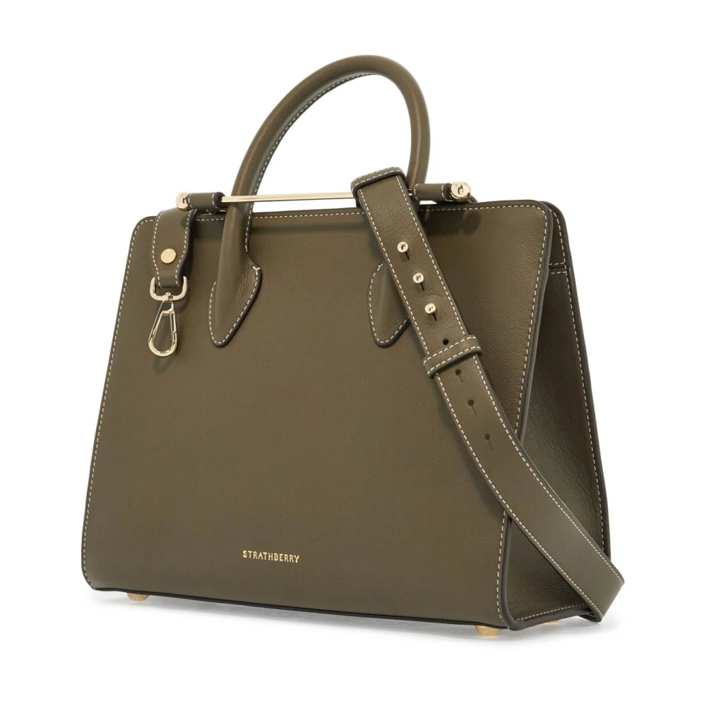 Strathberry Khaki Leren Midi Handtas met Verstelbare Schouderband Green Dames